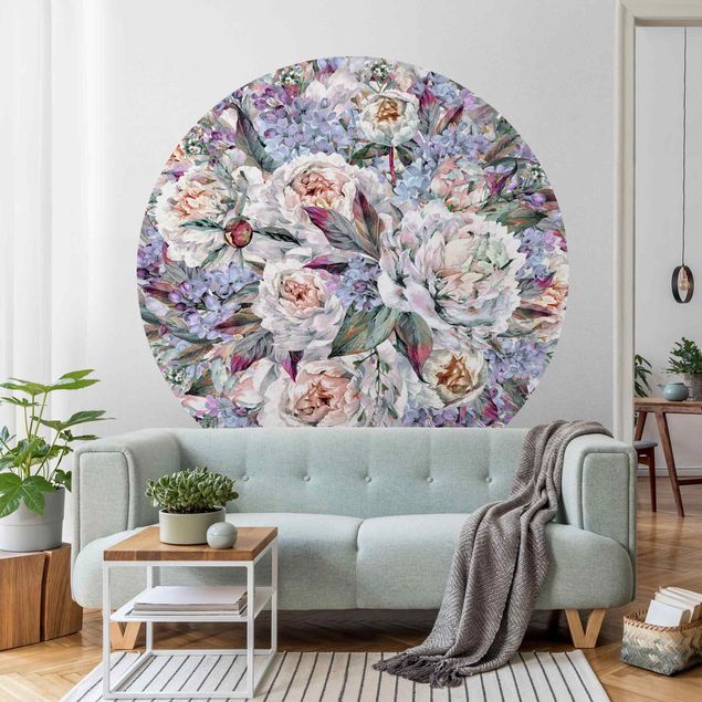 Papel de parede rosas Watercolour Lilac Peony Bouquet