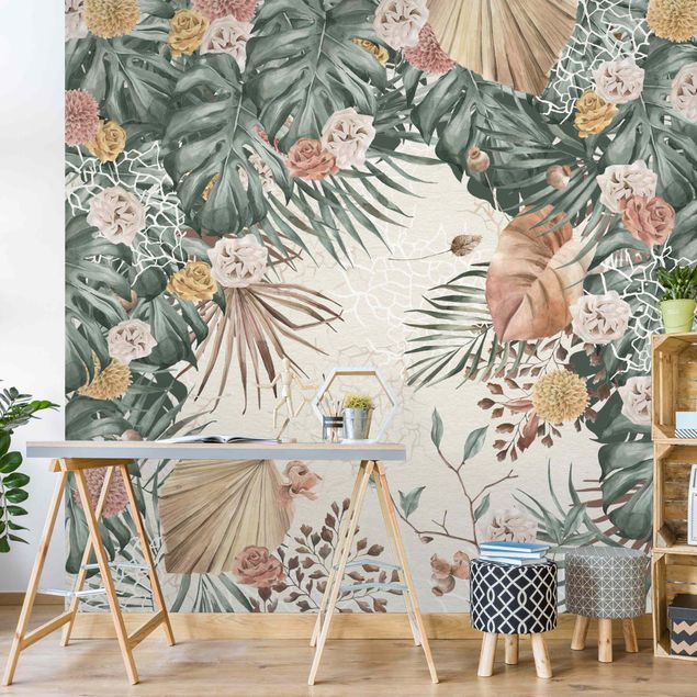 papel de parede moderno para sala Watercolour Dried Flowers With Ferns