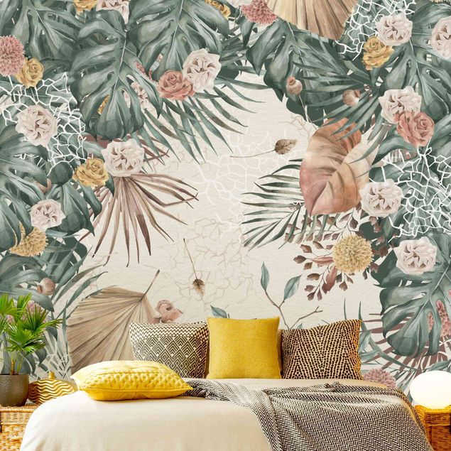 papel parede de flor Watercolour Dried Flowers With Ferns