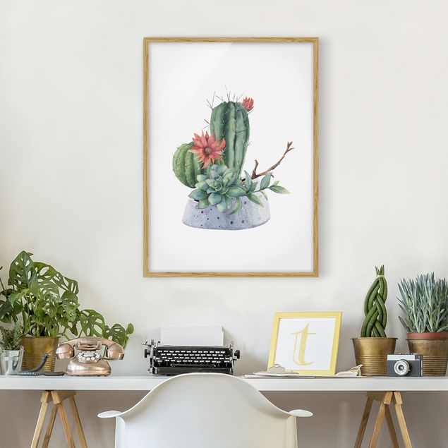 Quadros com moldura flores Watercolour Cacti Illustration