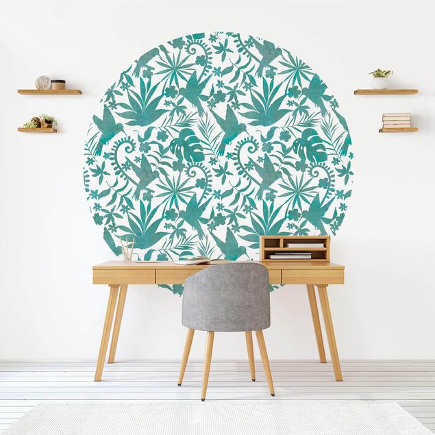 Papel de parede pássaros Watercolour Hummingbird And Plant Silhouettes Pattern In Turquoise