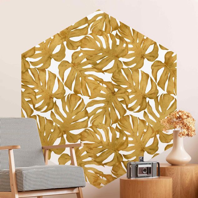 Papel de parede padrões Watercolour Monstera Leaves In Gold