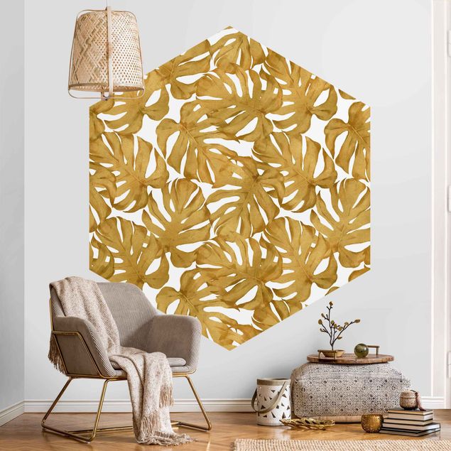 papel de parede moderno para sala Watercolour Monstera Leaves In Gold