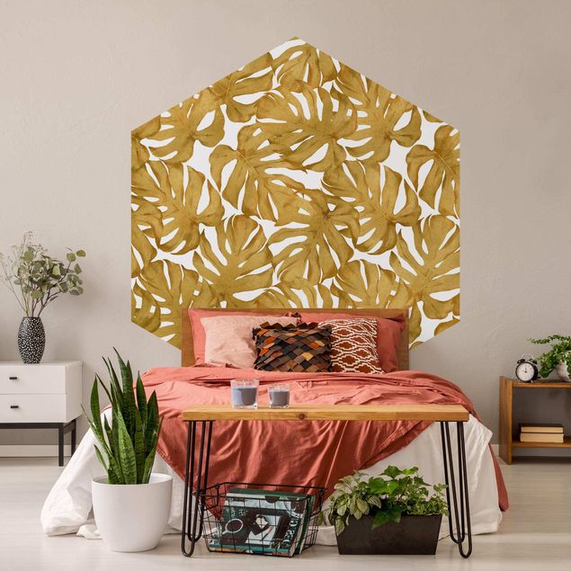 papel parede de flor Watercolour Monstera Leaves In Gold