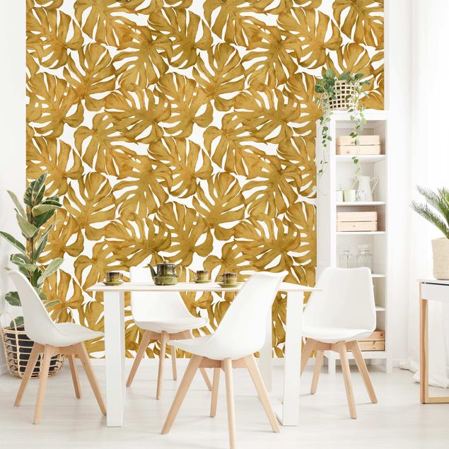 papel de parede moderno Watercolour Monstera Leaves In Gold