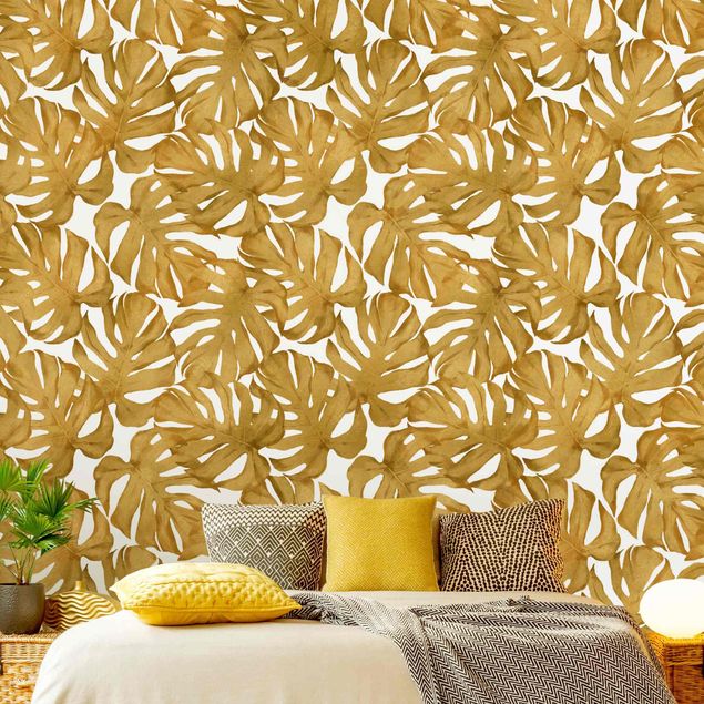 Papel de parede com flores Watercolour Monstera Leaves In Gold