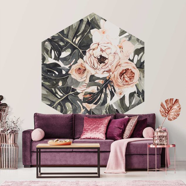 papel de parede moderno para sala Watercolour Monstera Bouquet