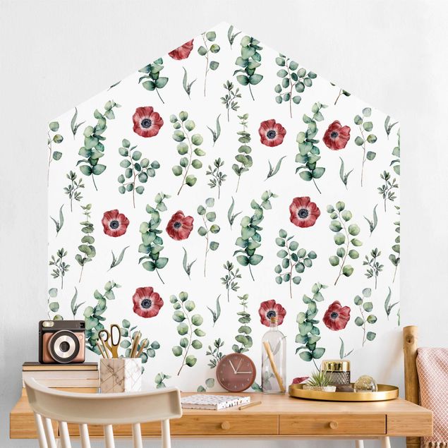 decoraçao para parede de cozinha Watercolor Pattern Eucalyptus And Flowers
