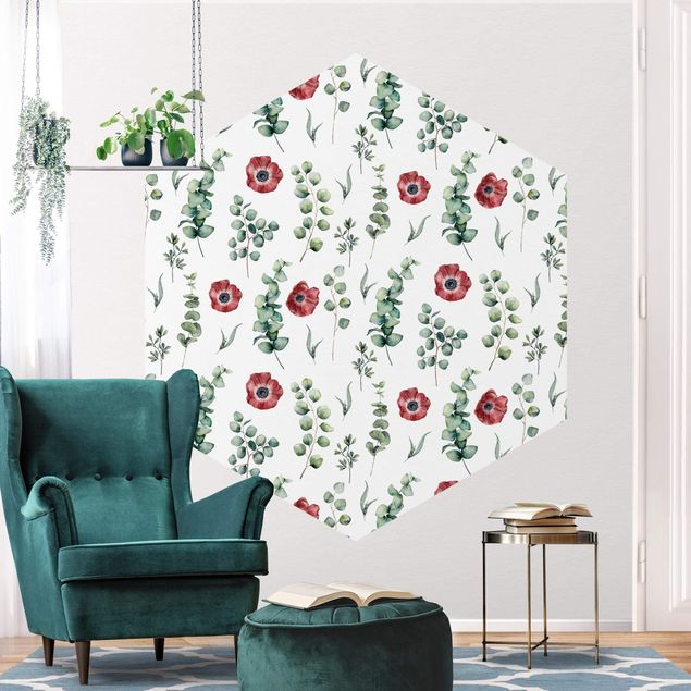 papel de parede para quarto de casal moderno Watercolor Pattern Eucalyptus And Flowers