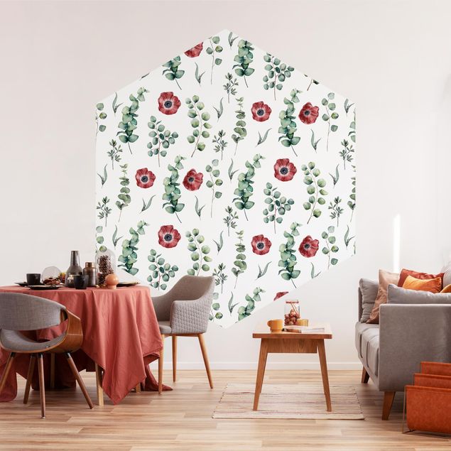 papel de parede floral Watercolor Pattern Eucalyptus And Flowers