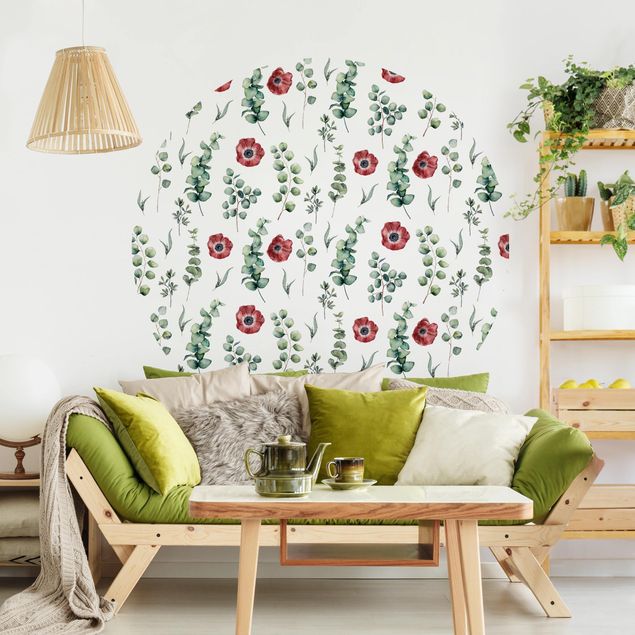 papel de parede moderno Watercolor Pattern Eucalyptus And Flowers