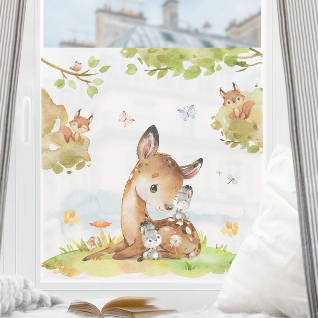 Autocolantes para vidros animais Watercolour Deer Rabbit and Squirrel