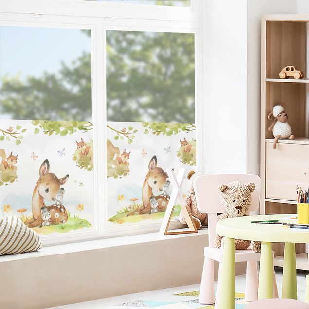 Péliculas para janelas Watercolour Deer Rabbit and Squirrel