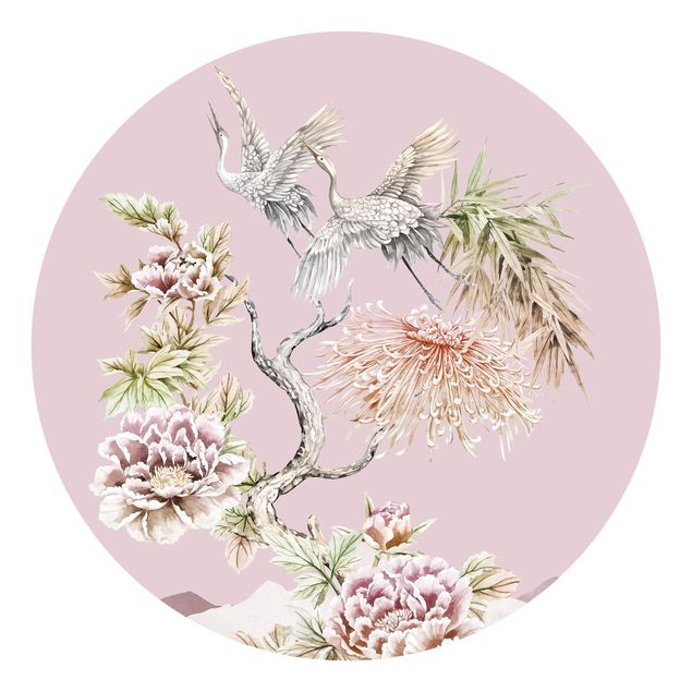 papel de parede moderno Watercolour Storks In Flight With Flowers On Pink
