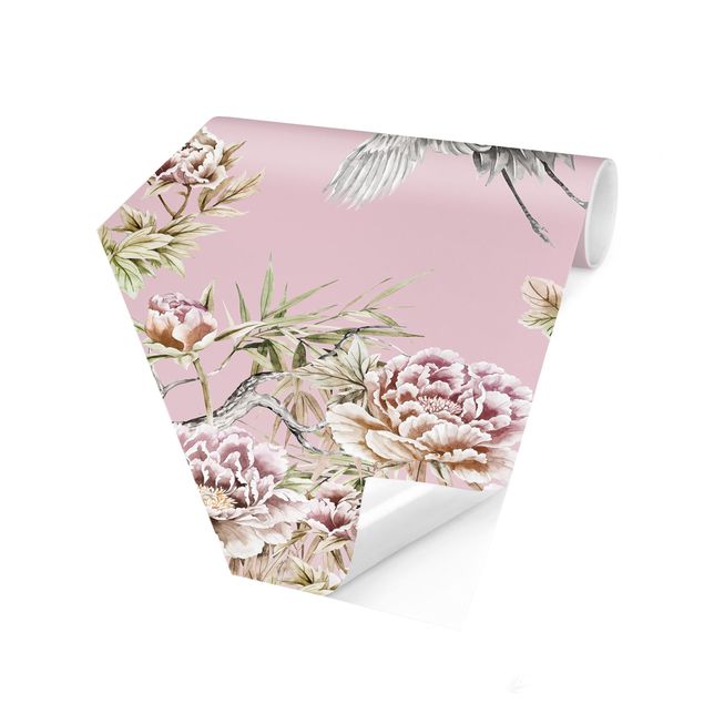 papel parede de flor Watercolour Storks In Flight With Roses On Pink