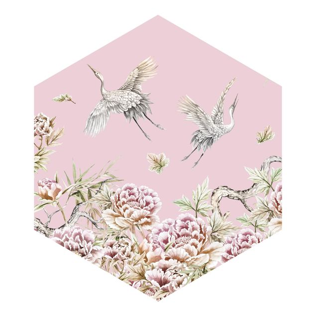 papéis de parede de animais Watercolour Storks In Flight With Roses On Pink