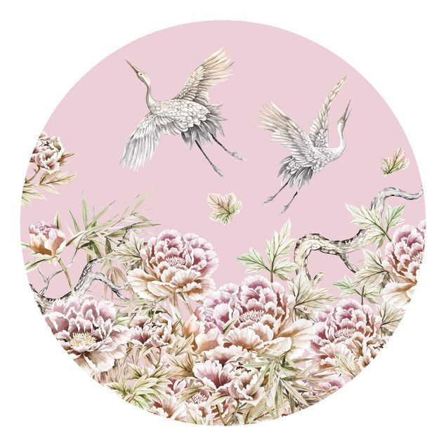 papel de parede moderno para sala Watercolour Storks In Flight With Roses On Pink