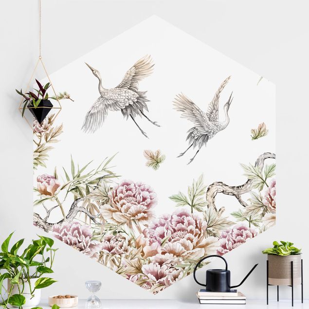 decoraçao para parede de cozinha Watercolour Storks In Flight With Roses