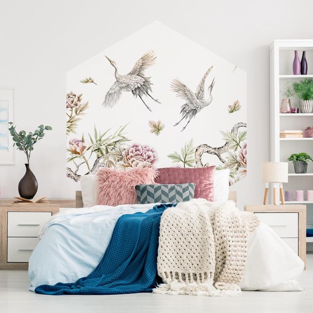papel de parede para quarto de casal moderno Watercolour Storks In Flight With Roses