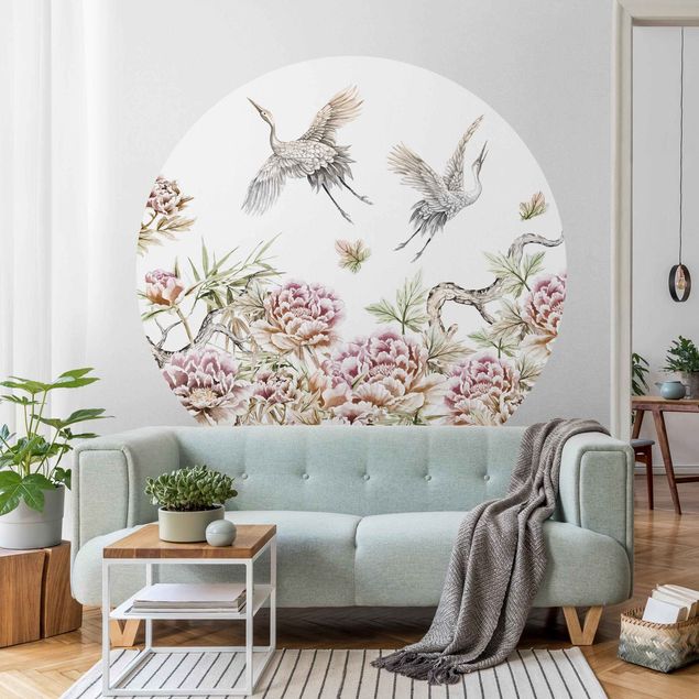 Papel de parede rosas Watercolour Storks In Flight With Roses