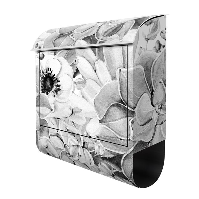 Caixas de correio em preto Watercolour Succulent With Flower In Black And White