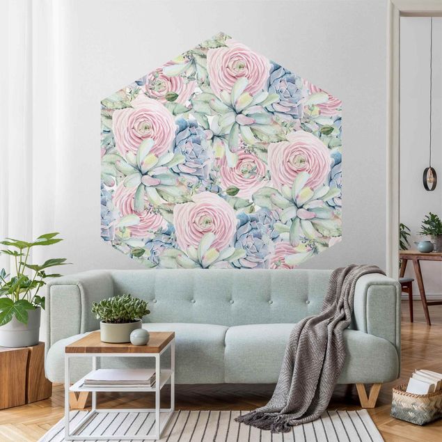 papel de parede moderno para sala Watercolour Succulents And Ranunculus Pattern