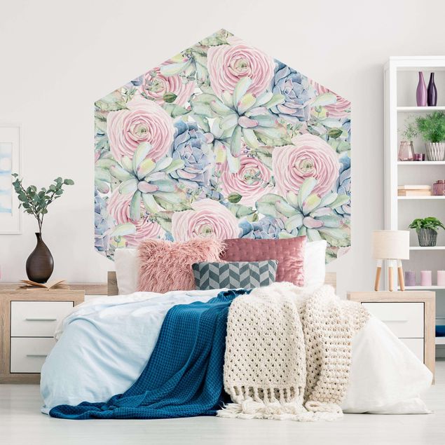 papel parede de flor Watercolour Succulents And Ranunculus Pattern