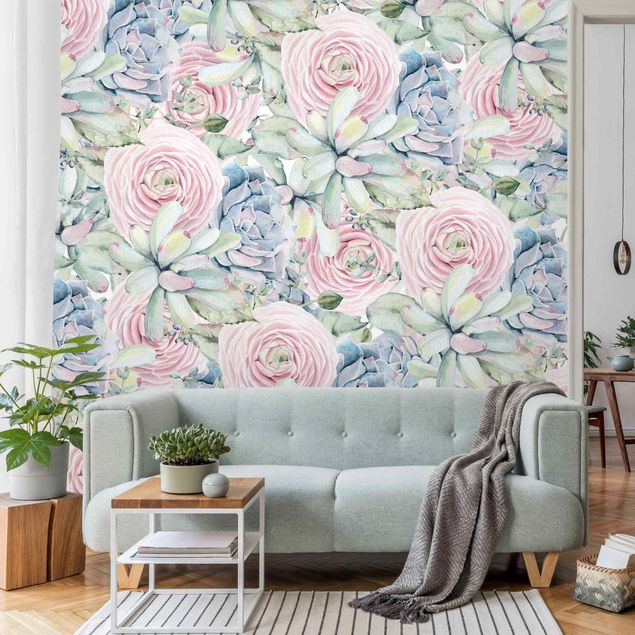 Papel de parede padrões Watercolour Succulents And Ranunculus Pattern