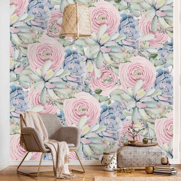 papel parede de flor Watercolour Succulents And Ranunculus Pattern