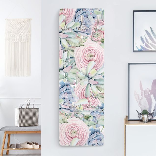 Cabides de parede flores Watercolour Succulents And Ranunculus Pattern