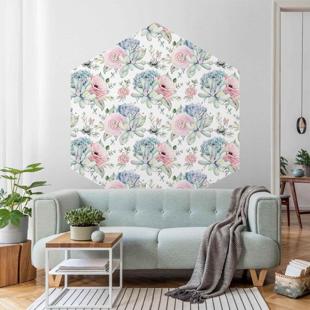 papel de parede moderno para sala Watercolour Succulents Bouquet Pattern