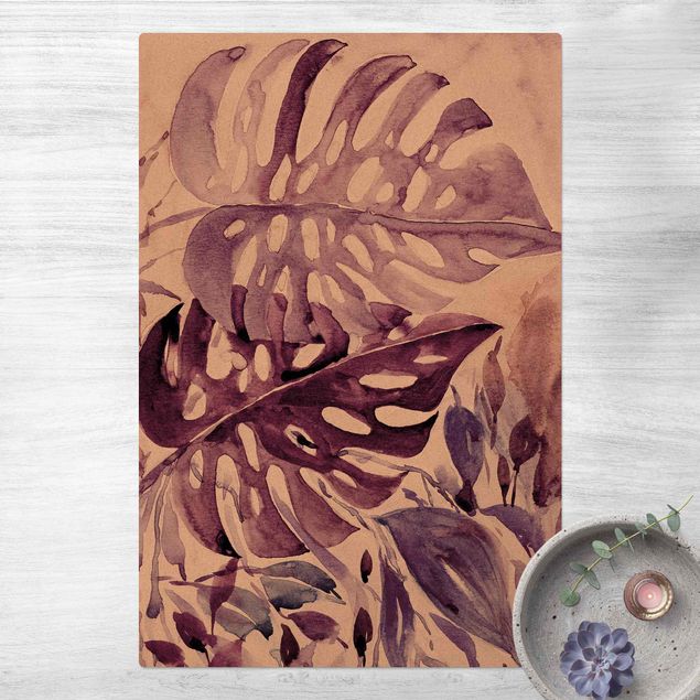 Tapetes selva Watercolour Tropical Leaves With Monstera In Aubergine