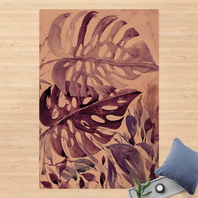 Tapetes modernos Watercolour Tropical Leaves With Monstera In Aubergine