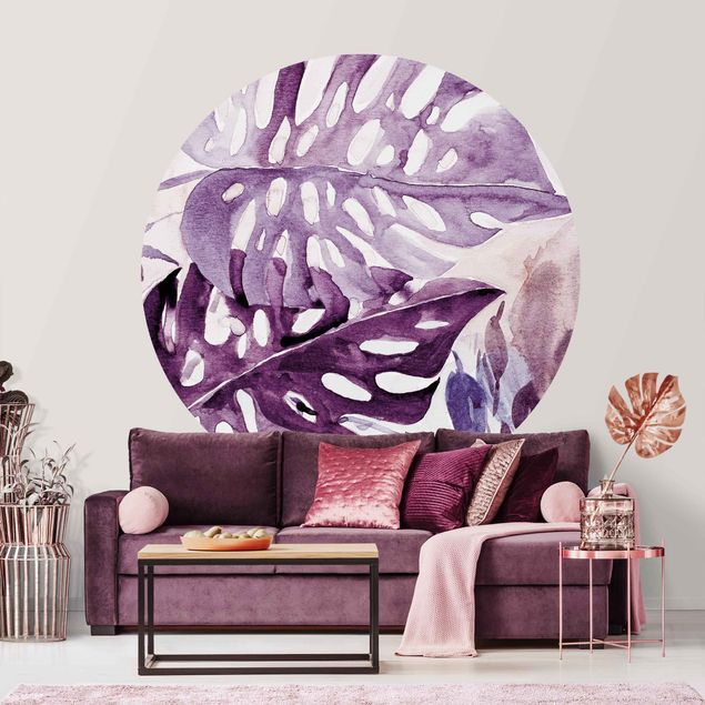 Papel de parede montanhas Watercolour Tropical Leaves With Monstera In Aubergine