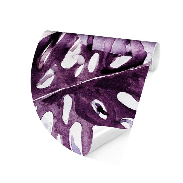 papel de parede moderno para sala Watercolour Tropical Leaves With Monstera In Aubergine