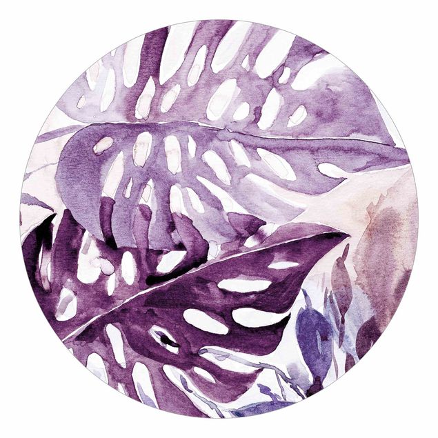 papel parede de flor Watercolour Tropical Leaves With Monstera In Aubergine