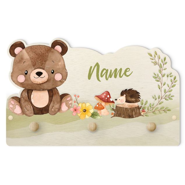Cabides de parede em verde Watercolour Forest Animal Bear With Customised Name