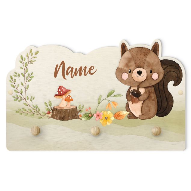 Cabides de parede em verde Watercolour Forest Animal Squirrel With Customised Name