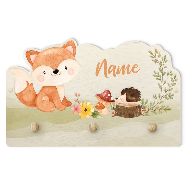 Cabides de parede em verde Watercolour Forest Animal Fox With Customised Name