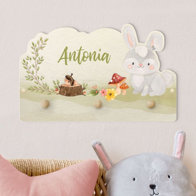 decoração para quartos infantis Watercolour Forest Animal Bunny With Customised Name