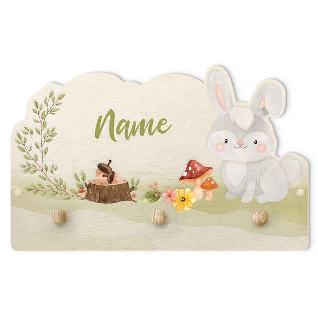 Cabides de parede em verde Watercolour Forest Animal Bunny With Customised Name
