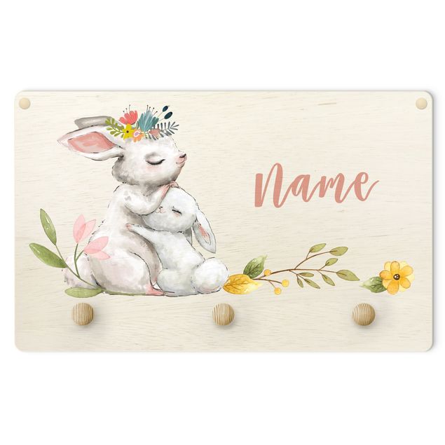 cabideiro de parede Watercolour Forest Animal Rabbit Family With Customised Name