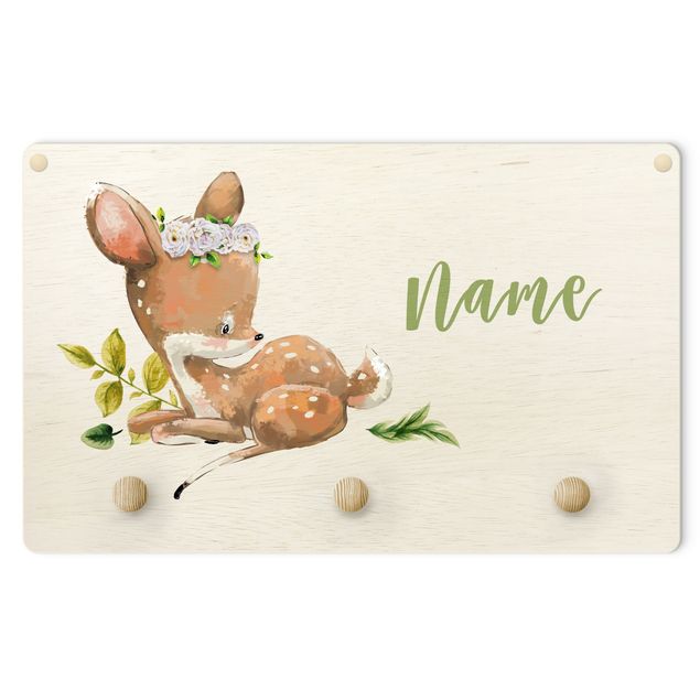 Cabides de parede em marrom Watercolour Forest Animal Fawn With Customised Name