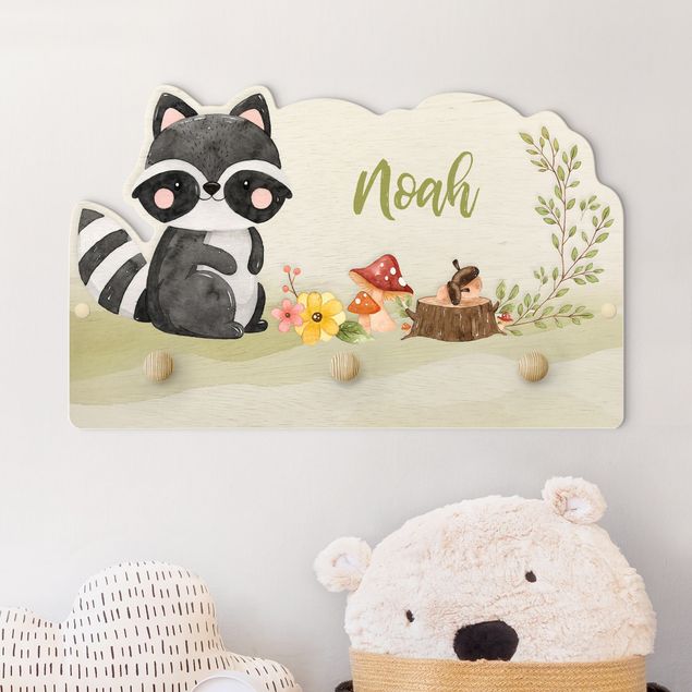 Decoração para quarto infantil Watercolour Forest Animal Raccoon With Customised Name