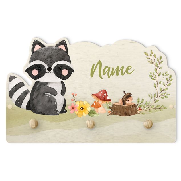 Cabides de parede em verde Watercolour Forest Animal Raccoon With Customised Name