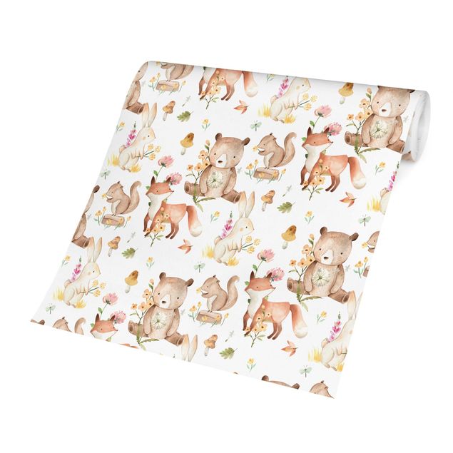 Papel de parede bege Watercolour Forest Animals Bear And Fox