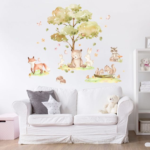 decoração quarto bebé Watercolour forest animals and autumn tree