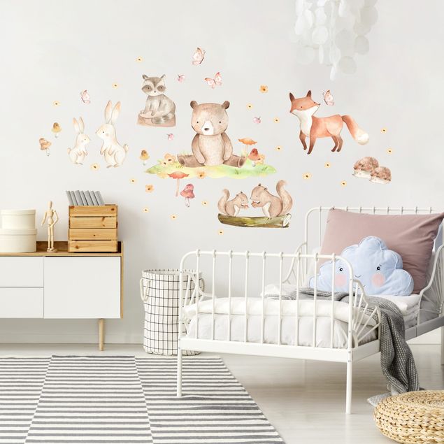 Decoração para quarto infantil Watercolour forest animals with butterflies and flowers