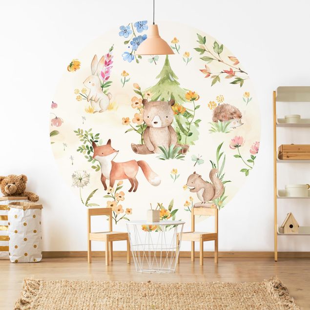 decoração para quartos infantis Watercolour forest animals and flowers