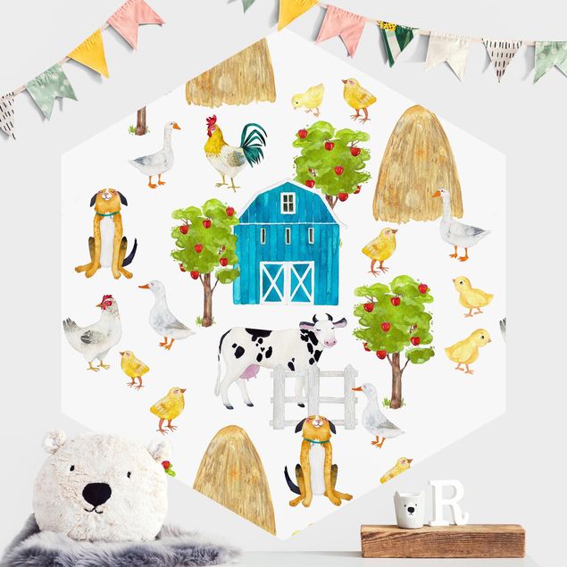 decoração para quartos infantis Watercolour Farm House Illustration